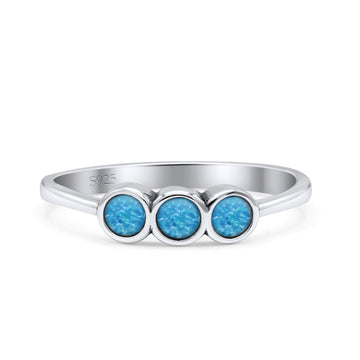 Three Stone Round Thumb Ring Oxidized Statement Fashion Ring Band Lab Created Blue Opal 925 Sterling Silver